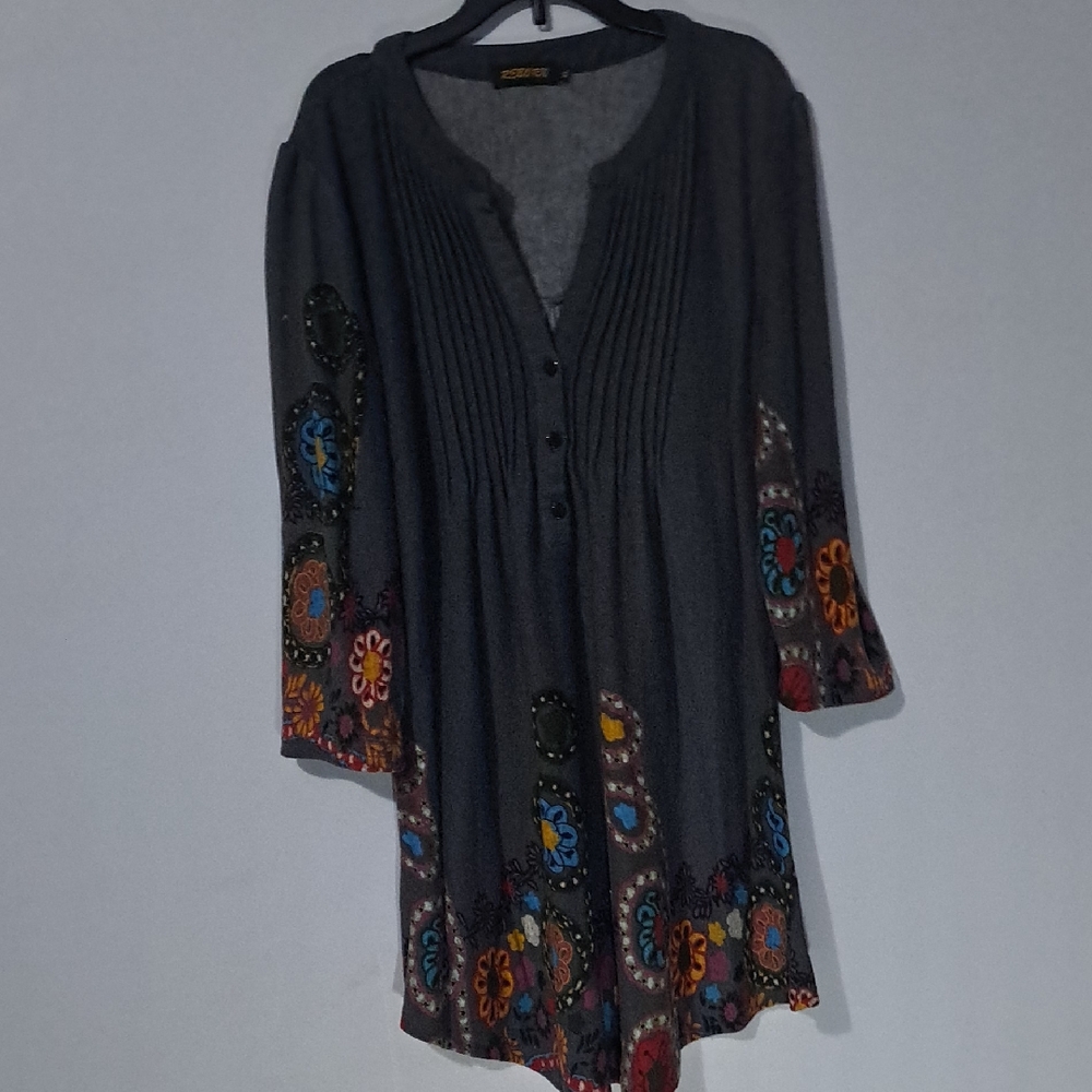 Reborn Charcoal Tunic with Colorful Embroidery